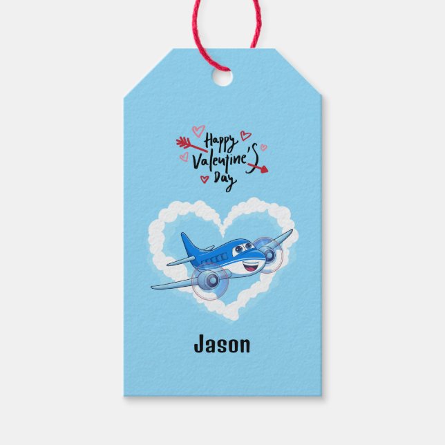 Blue Cute Airplan & Clouds, Kids Valentindag Presentetikett (Framsidan)