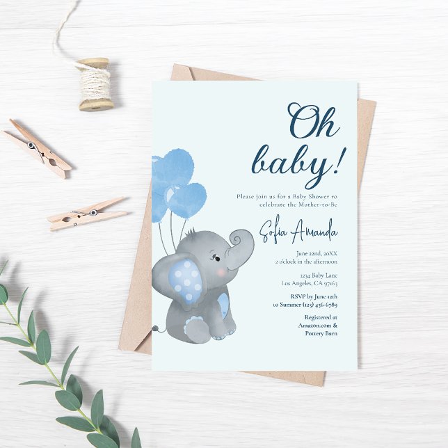 Blue Cute Baby Elephant Baby Shower Inbjudningar (Skapare uppladdad)