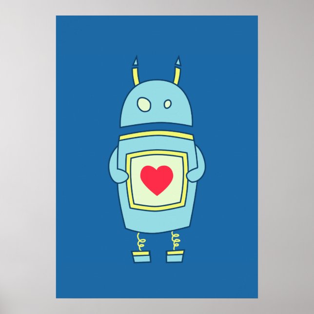 Blue Cute Clumsy Robot med hjärta Poster (Framsidan)