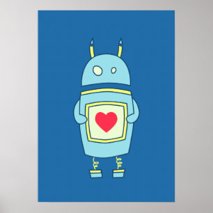 Blue Cute Clumsy Robot med hjärta Poster