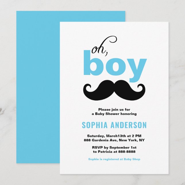 Blue Cute Det är en Boy Mustache Baby Shower Inbjudningar (Fram/baksida)