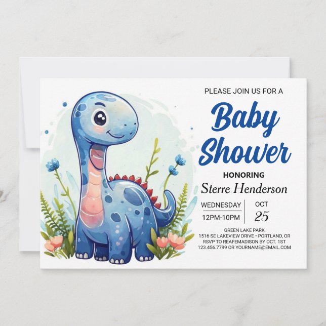 Blue Cute Digital Dinosaur Boy Shower Inbjudningar (Framsida)