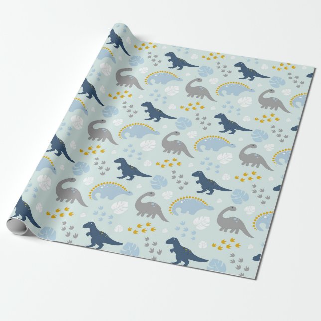 Blue Cute Dinosaur Baby Shower Mönster Presentpapper (Utrullad)