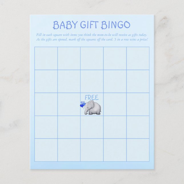 Blue Cute Elephant Pojke Shower Bingo Game (Framsida)