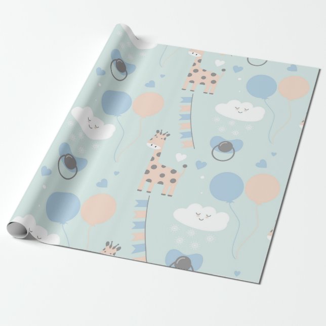 Blue Cute Giraffe Baby Shower Mönster Presentpapper (Utrullad)