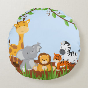 Blue Cute Jungle Baby djur Round Pillow Rund Kudde