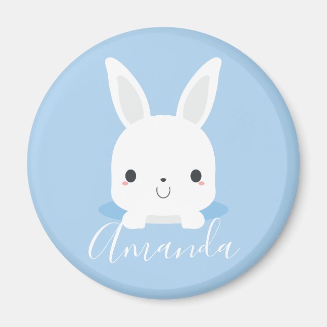 Blue Cute Little Bunny Rabbit med eget namn Magnet (Framsidan)