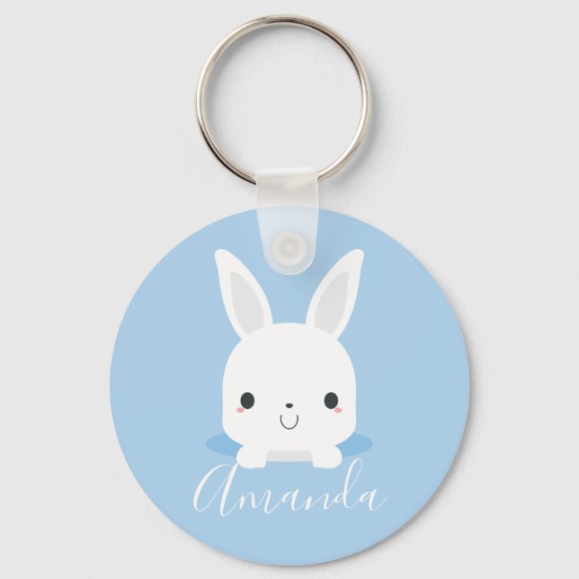 Blue Cute Little Bunny Rabbit med eget namn Nyckelring (Framsida)