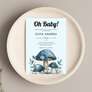 Blue Cute Mushroom Baby Shower Inbjudningar