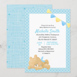 Blue Cute Nalle Boy Baby Shower Inbjudningar