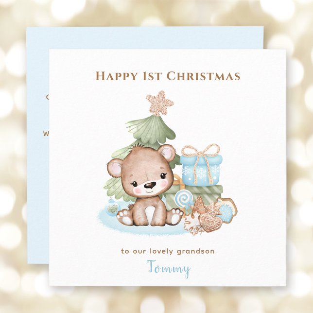 Blue Cute Nalle Boy Första jul Kort (Blue Cute Teddy Bear Boy First Christmas Card)