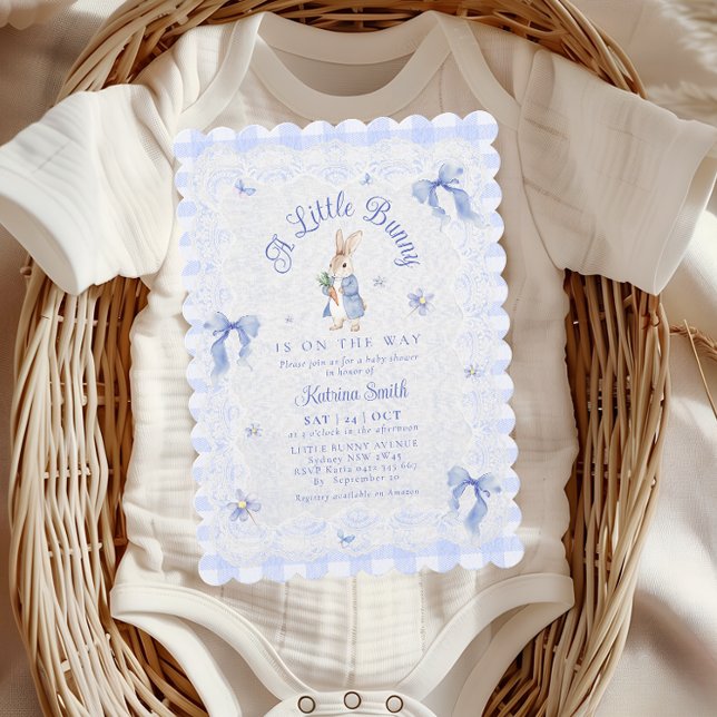 Blue Cute Rabbit Gingham lace Baby Shower Inbjudningar (Skapare uppladdad)