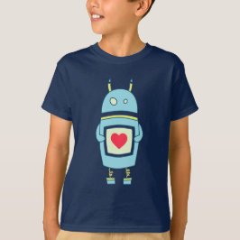 Blue Cute Robot with Heart Mörk Kids Långärmad T Shirt