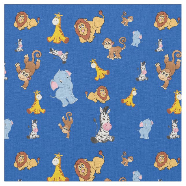Blue Cute safari animal mönster - Giraffe, elephan Tyg (Närbild)
