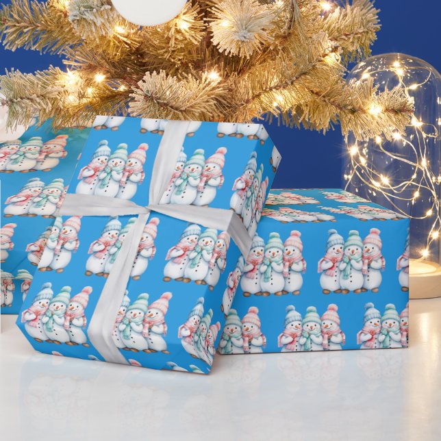 Blue Cute Snowmen Christmas Gift Wrapping Paper Presentpapper (Helgdagar)