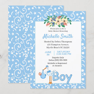Blue Cute Stork Boy Blommigt Baby Shower Inbjudningar
