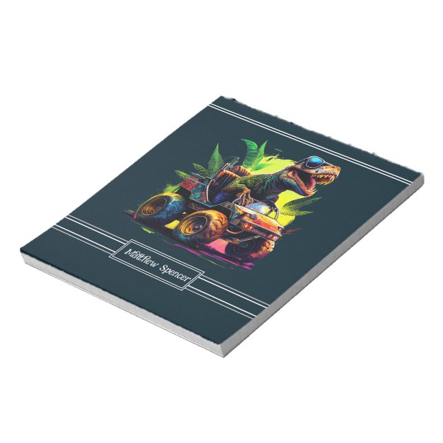 Blue Cute T-Rex Riding Monster Lastbil Dinosaur Na Anteckningsblock (Roterad)