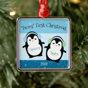 Blue Cute Twillingars First jul Penguins Julgransprydnad Metall