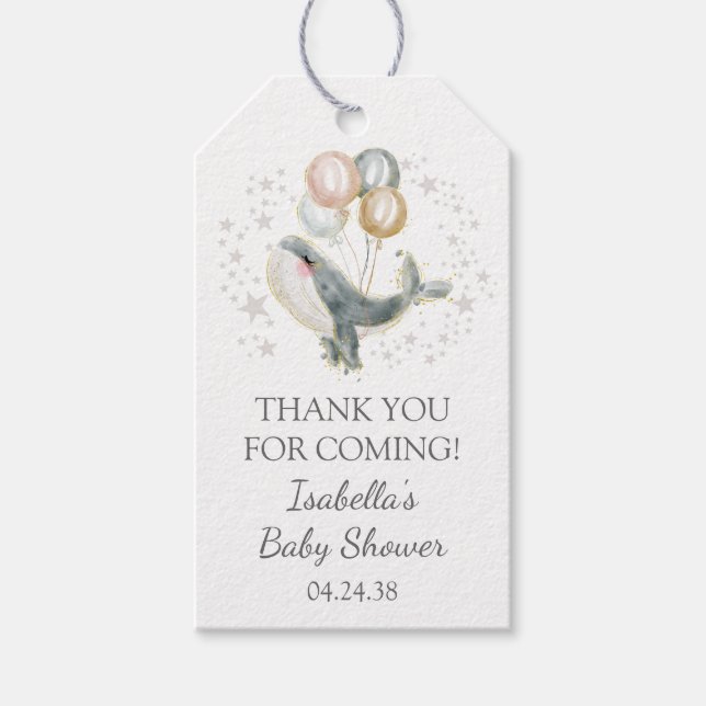 Blue Cute Whale Baby Shower Presentetikett (Framsidan)