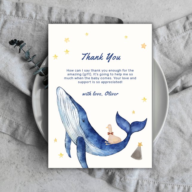 Blue Cute Whimsical Anka Stars Whale Baby Shower Tack Kort (Blue Cute Whimsical Duck Stars Whale Baby Shower Thank You Card)