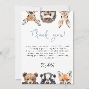 Blue Cute Woodland Forest Animals Baby Shower Tack Kort