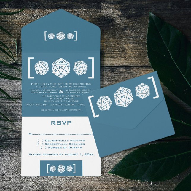 Blue D20 Dice Gamer allt i en bröllopsinbjudan (Blue d20 Dice Gamer Wedding All in One Invitation)