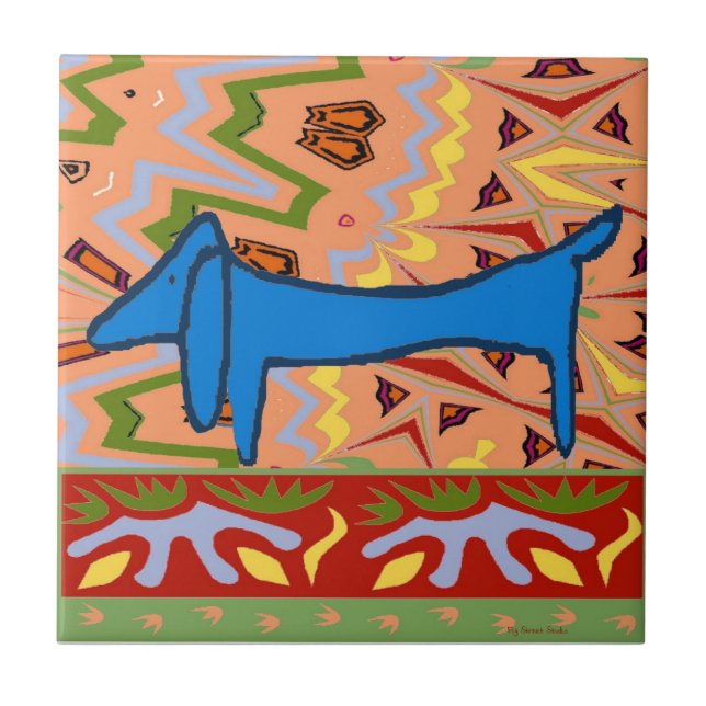 Blue Dachshund Abstrakt Kakelplatta (Framsidan)