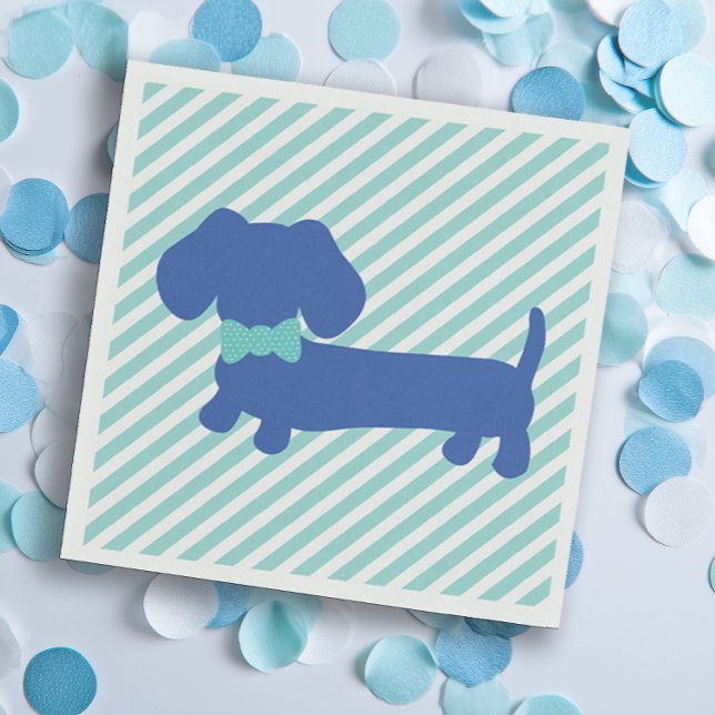 Blue Dachshund Födelsedagsfest | Babyskor Pappersservett (Blue dachshund party napkins for baby showers or birthday parties - cute bowtie wiener dog)