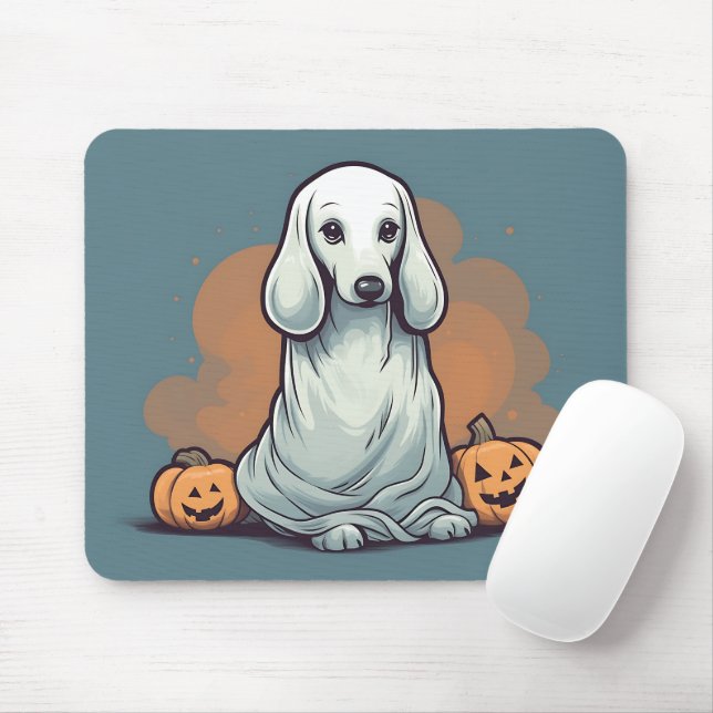 Blue Dachshund Ghost Orange Pumpkin Halloween Musmatta (Med mus)