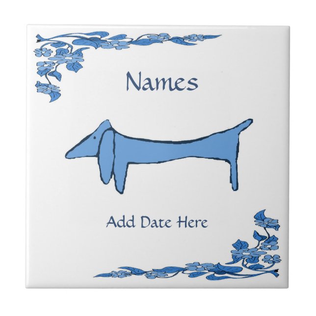 Blue Dachshund Tile, holländska titta, anpassa Kakelplatta (Framsidan)