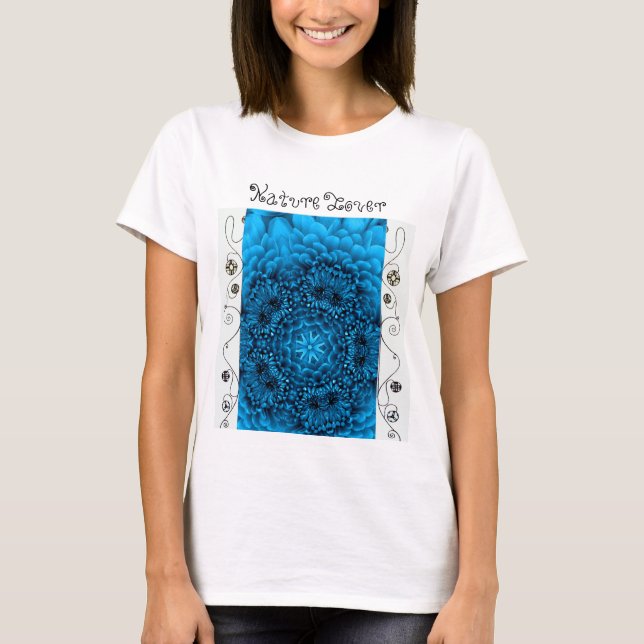 BLUE DAHLIA FLOWER, Abstrakt Blommigt Älskare T Shirt (Framsida)