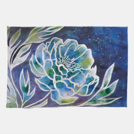 Blue Dahlia Navy Teal Celestial Blommigt Watercolo Kökshandduk