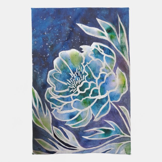 Blue Dahlia Navy Teal Celestial Blommigt Watercolo Kökshandduk (Vertikal)