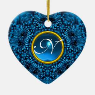 BLUE DAHLIA SAPPHIRE MONOGRAM Heart Julgransprydnad Keramik