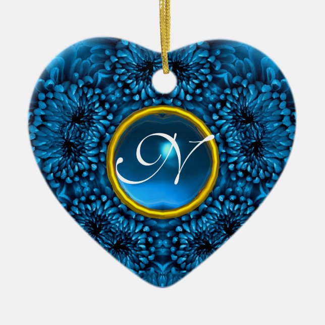 BLUE DAHLIA SAPPHIRE MONOGRAM Heart Julgransprydnad Keramik (Framsidan)