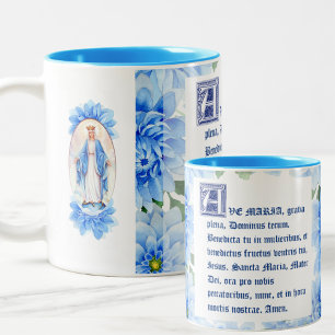 Blue Dahlias Ave Maria Latin Virgin Mary Två-Tonad Mugg