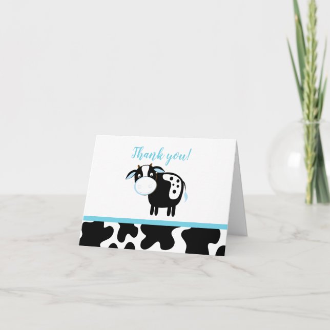 Blue Dairy Cow Boy Farm Baby Shower Tackkort (Framsida)