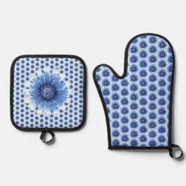 Blue Daisy Oven Mitt och Pot Holders
