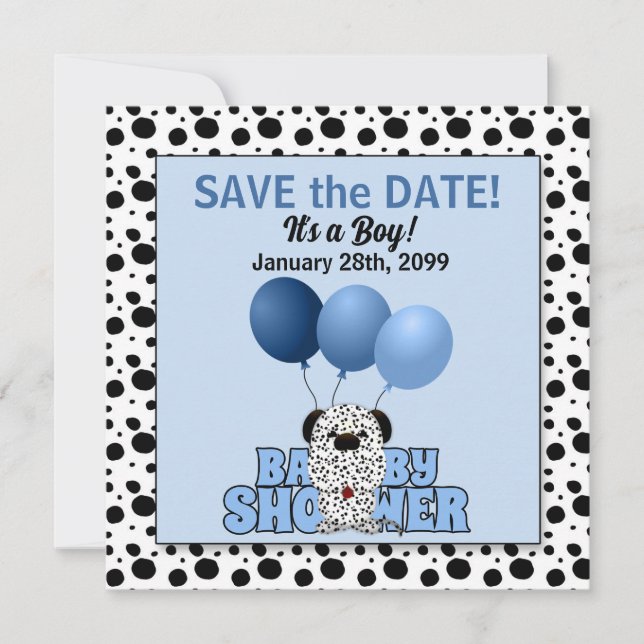 Blue Dalmatian Boys Baby Shower Spara Datumet (Framsida)