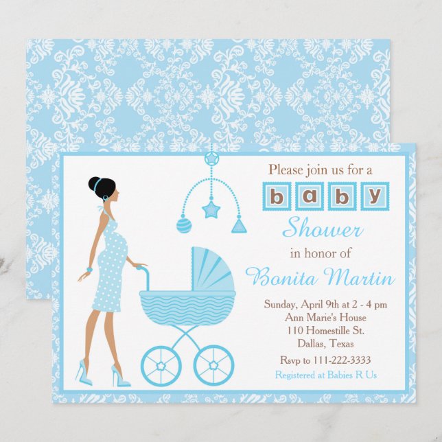 Blue Damask African American Women Baby Shower Inbjudningar (Fram/baksida)