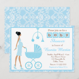 Blue Damask African American Women Baby Shower Inbjudningar