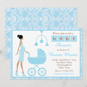 Blue Damask African American Women Baby Shower Inbjudningar
