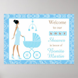 Blue Damask African American Women Baby Shower Poster
