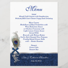 Blue Damask and Peacock Feather Bröllop Bord Menu Meny
