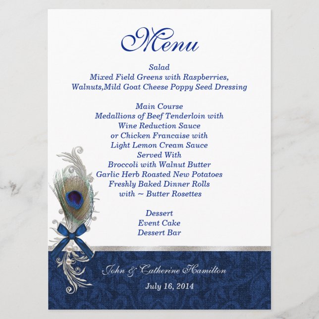Blue Damask and Peacock Feather Bröllop Bord Menu Meny (Framsida)