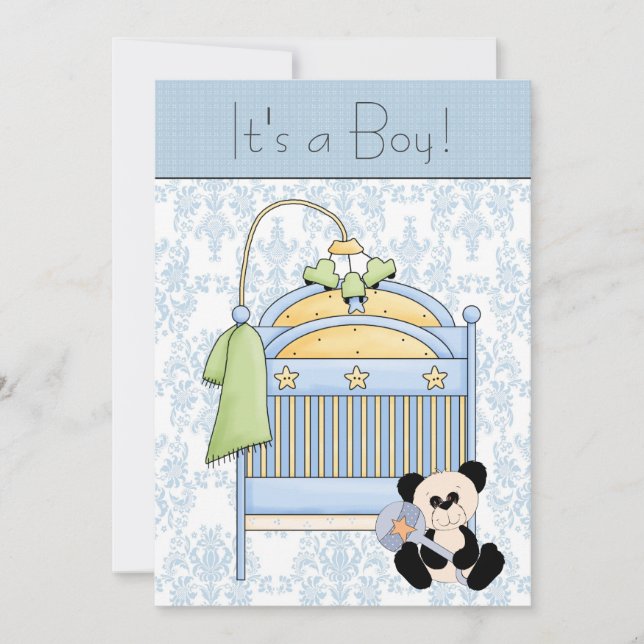Blue Damask Baby Shower för Crib Nalle Inbjudningar (Framsida)