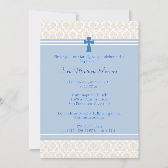 Blue Damask Baptism/Christening-inbjudan Inbjudningar (Framsida)