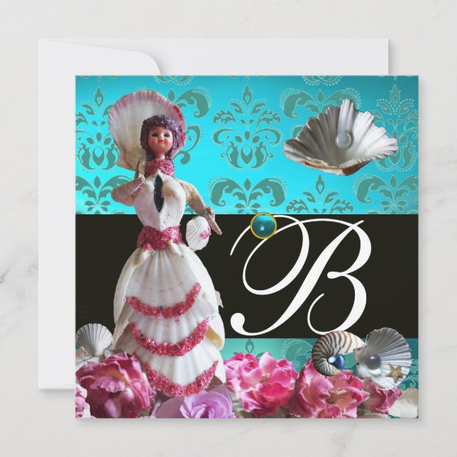 BLUE DAMASK BEACH WEDDING - MÖHIPPA MONOGRAM INBJUDNINGAR (Framsida)