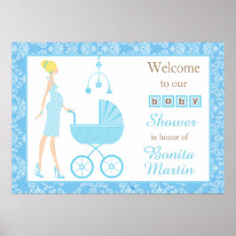 Blue Damask Blonde Boy Baby Shower Poster