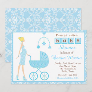 Blue Damask Blonde förväntar sig pojkbabyskor Inbjudningar